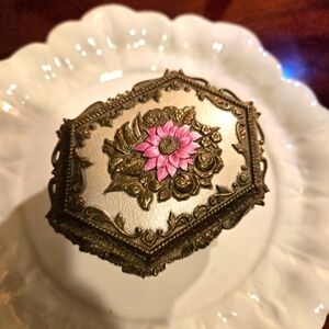 Vintage Enamel & Metal Trinket/Jewelry Box, Ornate, Pink Flower